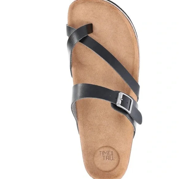 BRAND NEW Time and Tru Women's Asymmetric Strap Footbed Sandals Color: Black - Picture 1 of 3